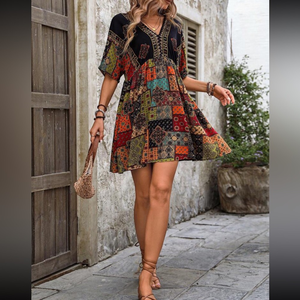 Boho patchwork print tie back dress - Picture 4 of 6